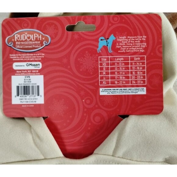 Rudolph The Red-Nosed Reindeer Dog Size M Beige Hoodie With Reindeer Antlers - Picture 4 of 5